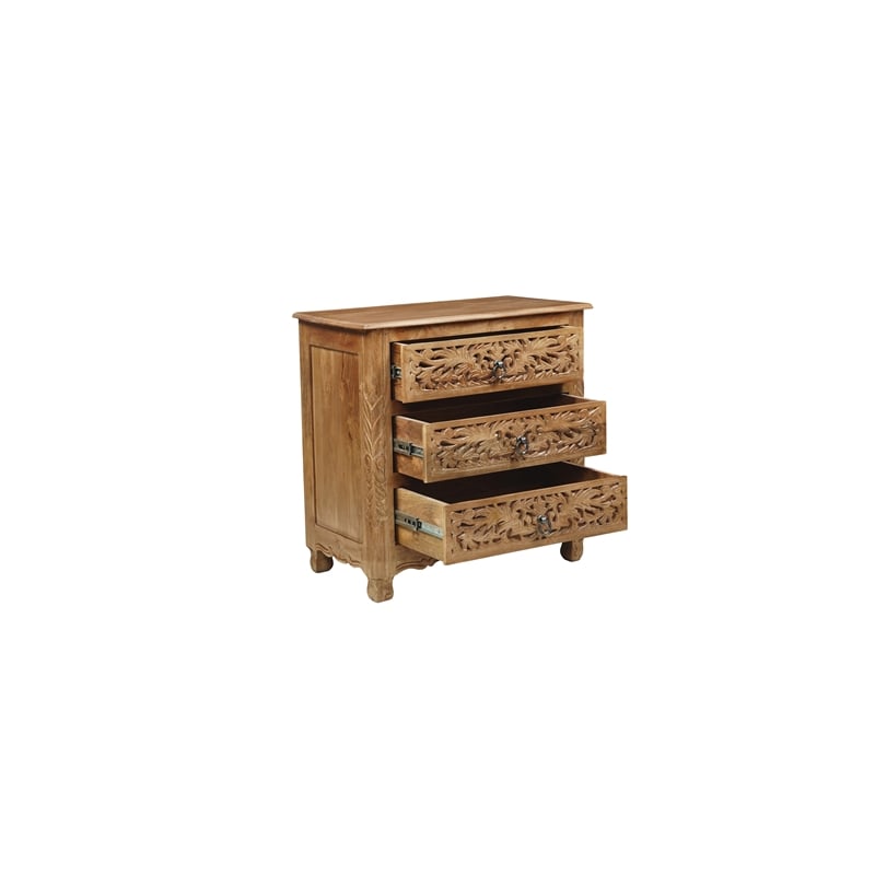 Pemberly Row Solid Wood 3-Drawer Carved Nightstand with Brass Ring Pulls