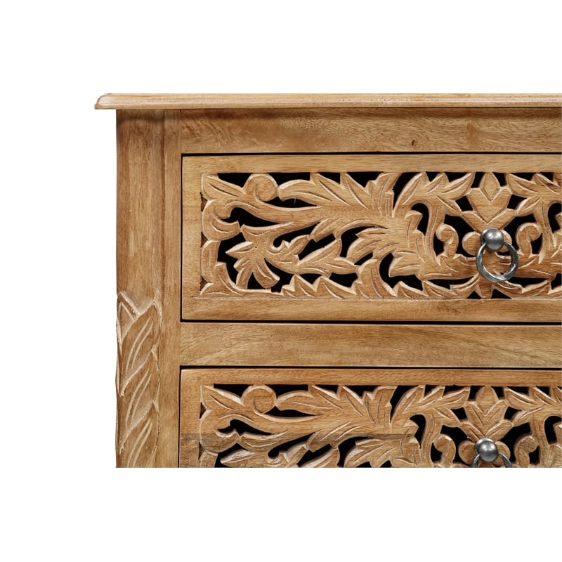 Pemberly Row Solid Wood 3-Drawer Carved Nightstand with Brass Ring Pulls