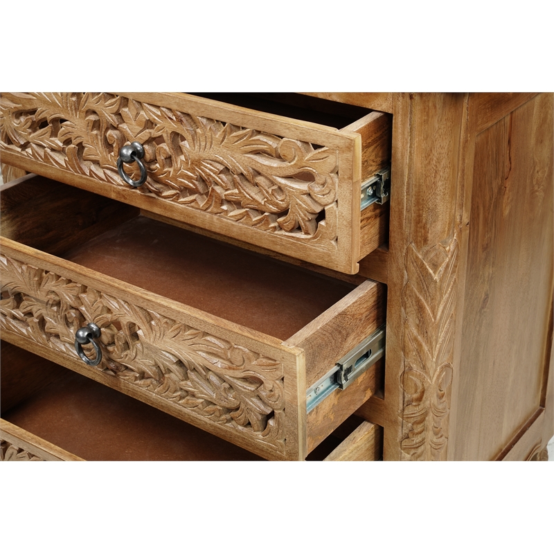Pemberly Row Solid Wood 3-Drawer Carved Nightstand with Brass Ring Pulls