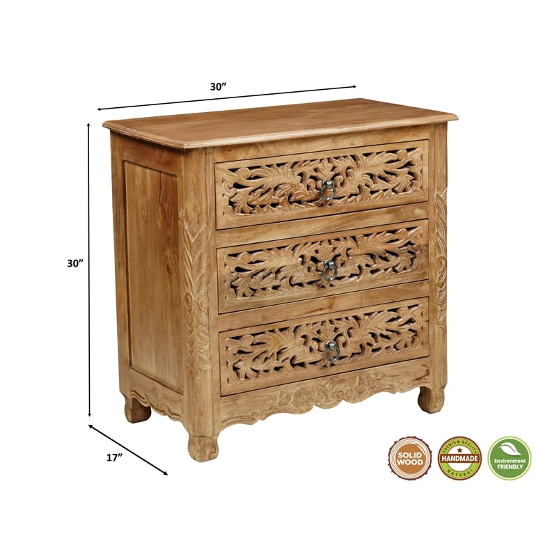 Pemberly Row Solid Wood 3-Drawer Carved Nightstand with Brass Ring Pulls