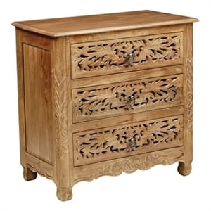 Pemberly Row Solid Wood 3-Drawer Carved Nightstand with Brass Ring Pulls