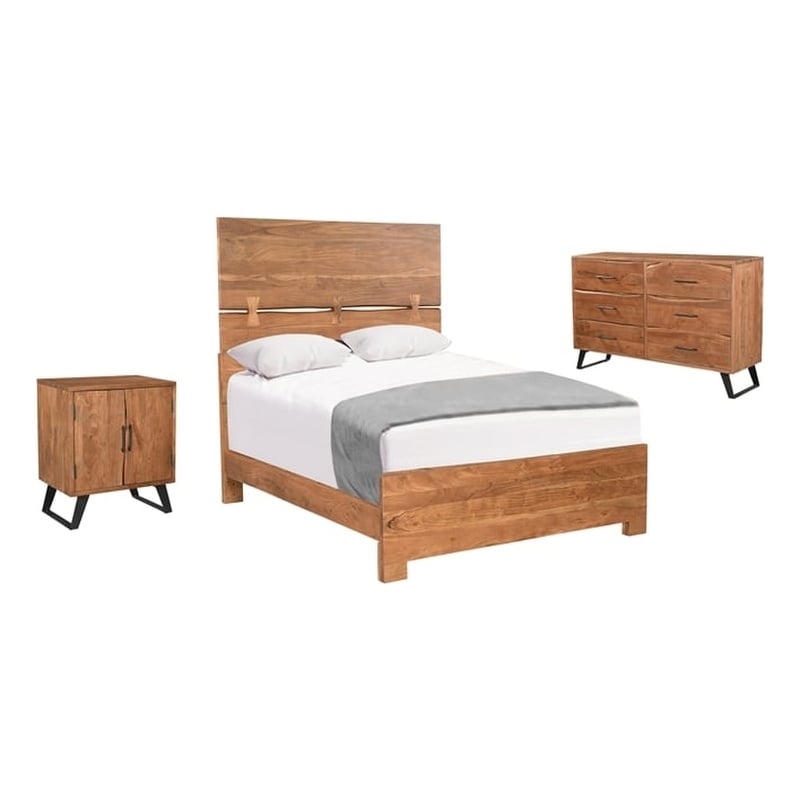 Pemberly Row 3-Piece Live Edge Solid Wood Acacia Bedroom Set in Brown/Black