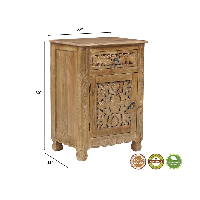 Pemberly Row Brown Solid Wood Nightstand with Drawer and Cabinet Fully Assembled