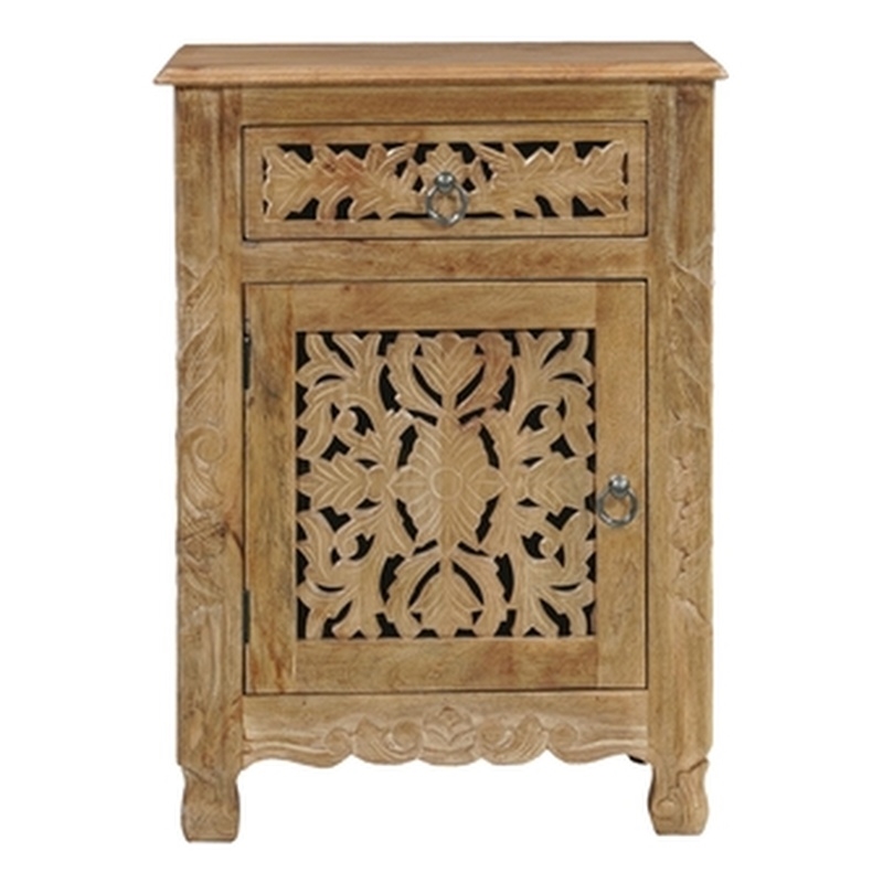 Pemberly Row Brown Solid Wood Nightstand with Drawer and Cabinet Fully Assembled