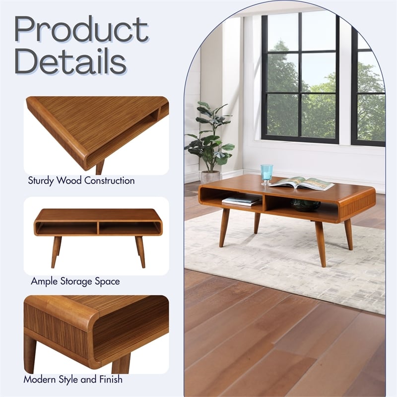 Pemberly Row Wood Coffee Table with 2 Open Cubbies in Rich Walnut