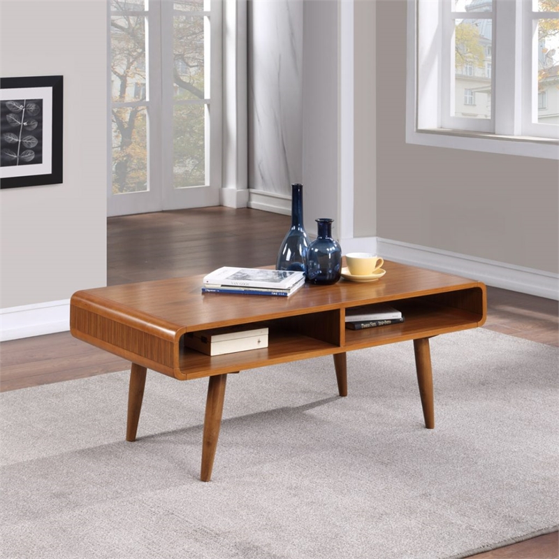 Pemberly Row Wood Coffee Table with 2 Open Cubbies in Rich Walnut