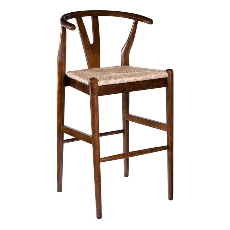 Pemberly Row Bar Height Kitchen Stool with Woven Rush Seat in Cappuccino