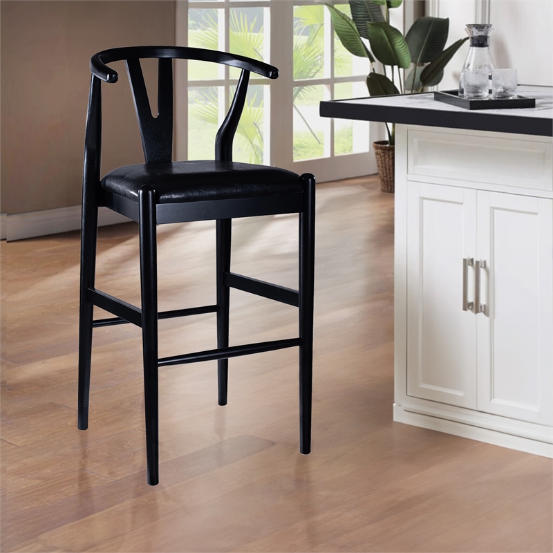 Pemberly Row Bar Height Kitchen Stool with Faux Leather Seat in Black
