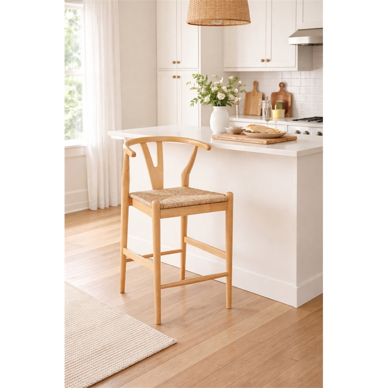 Pemberly Row Counter Height Kitchen Stool with Rush Seat in Natural