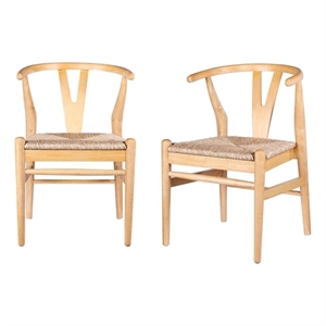 Pemberly Row Rubberwood Dining Armchairs with Woven Seats in Natural - Set of 2