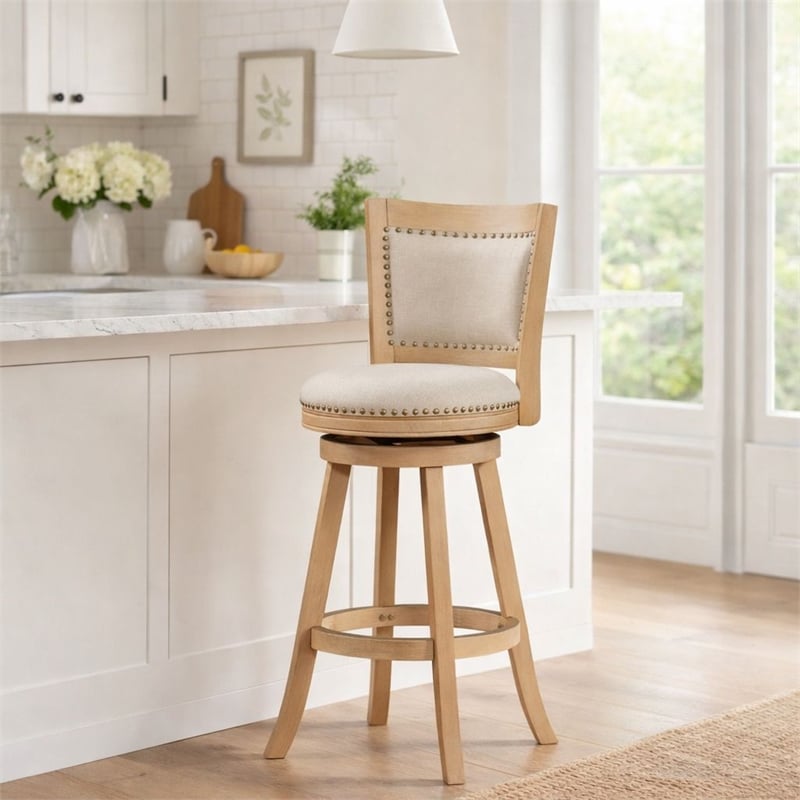 Pemberly Row Wood Swivel Bar Stool in Driftwood Cream Wire-Brush and Ivory