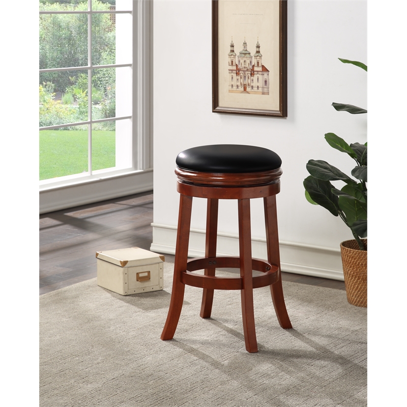 Pemberly Row Wood Swivel Bar Stool with Faux Leather Seat in Cherry