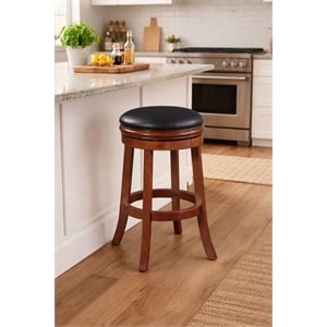 Pemberly Row Wood Swivel Bar Stool with Faux Leather Seat in Cherry