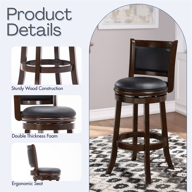 Pemberly Row Wood Bar Height Swivel Stool with Contoured Back in Cappuccino