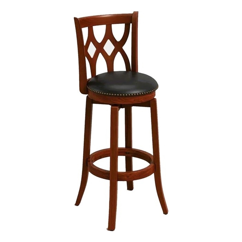 Pemberly Row Rubberwood Bar Height Swivel Stool with Nailhead Trim in Cherry