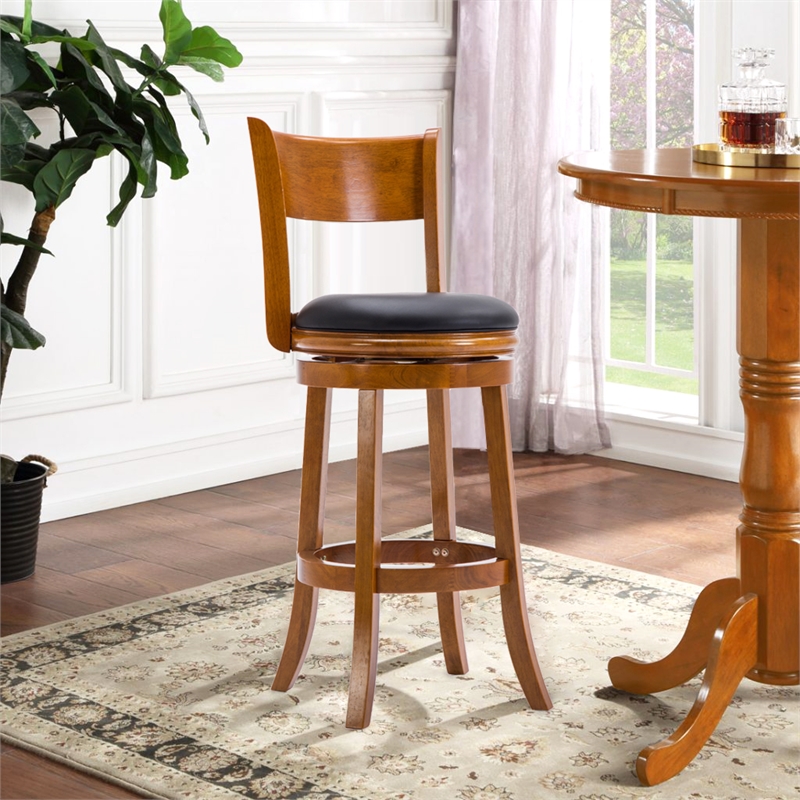 Pemberly Row Hardwood Bar Height Swivel Stool with Footrest in Fruitwood