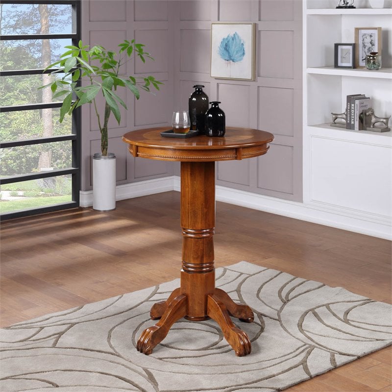 Pemberly Row Hardwood Pub Table with Carved Pedestal and Apron in Walnut