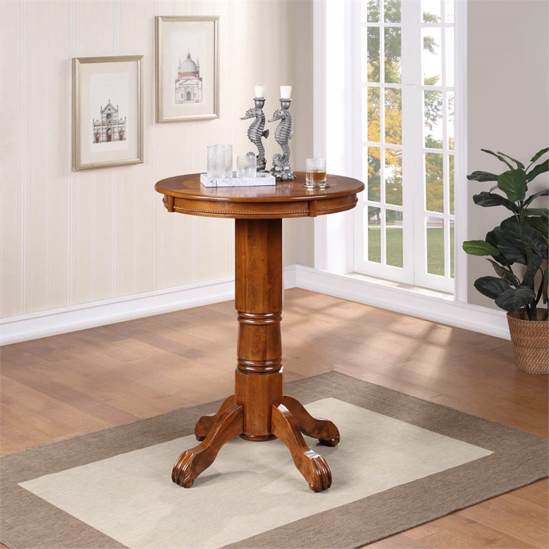 Pemberly Row Hardwood Pub Table with Carved Pedestal and Apron in Walnut