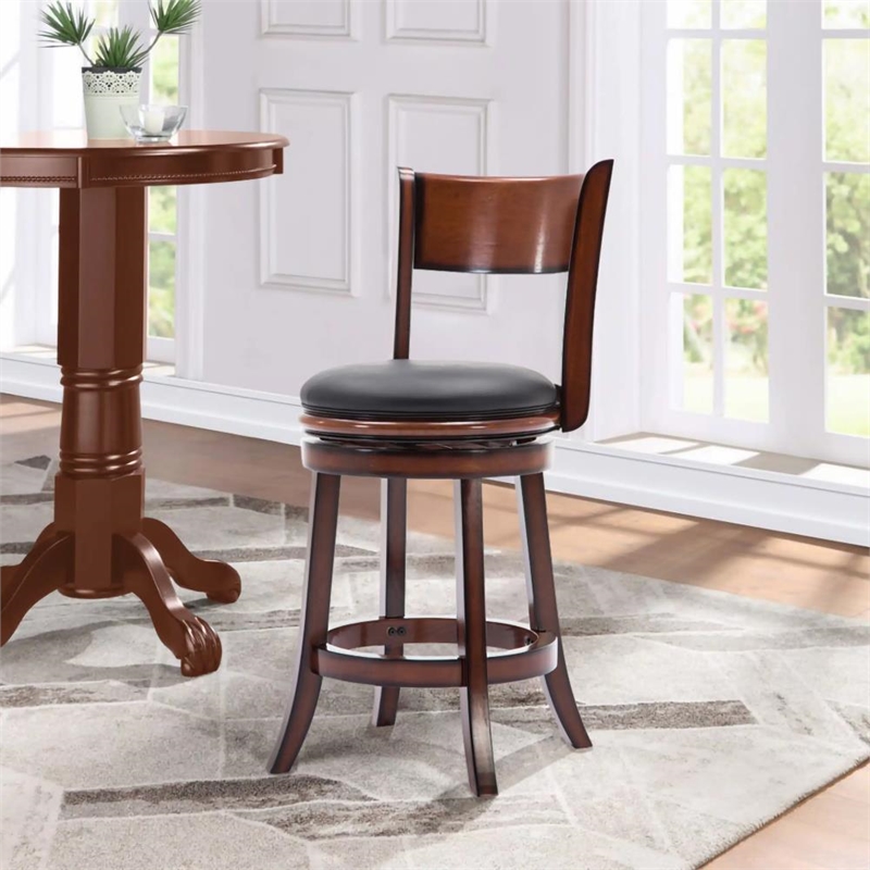 Pemberly Row Rubberwood Swivel Counter Stool with Foam Cushion in Brandy