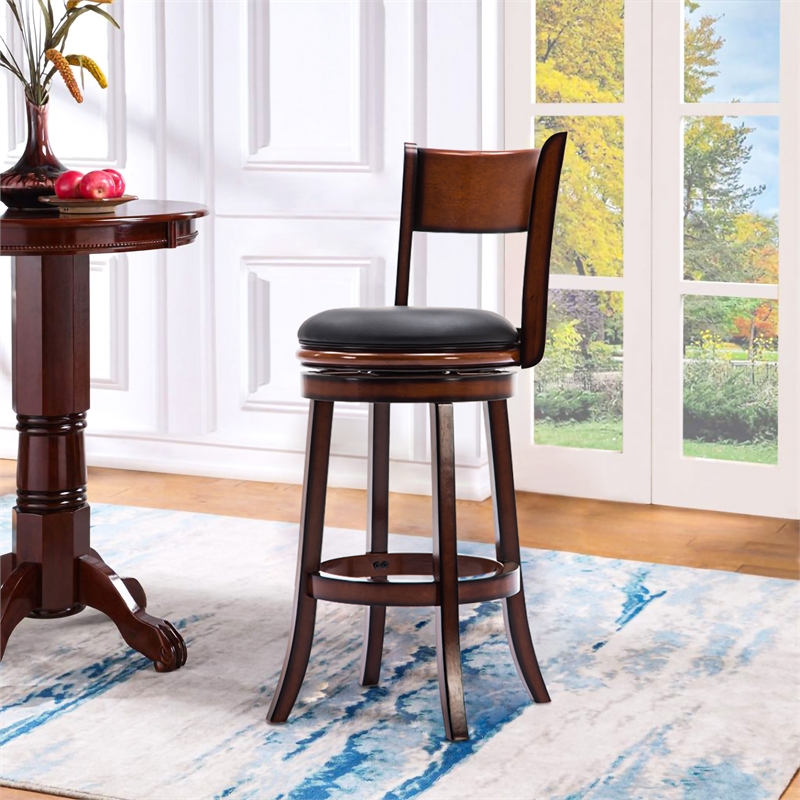 Pemberly Row Rubberwood Bar Height Swivel Stool with Faux Leather in Brandy