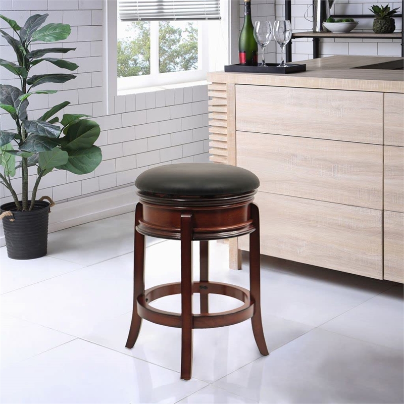 Pemberly Row Rubberwood Backless Swivel Counter Stool with Cushion in Brandy