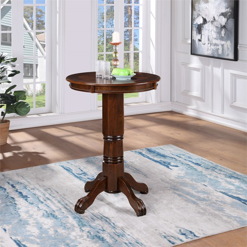 Pemberly Row Hardwood Pub Table with Sunburst Veneer Top in Cappuccino