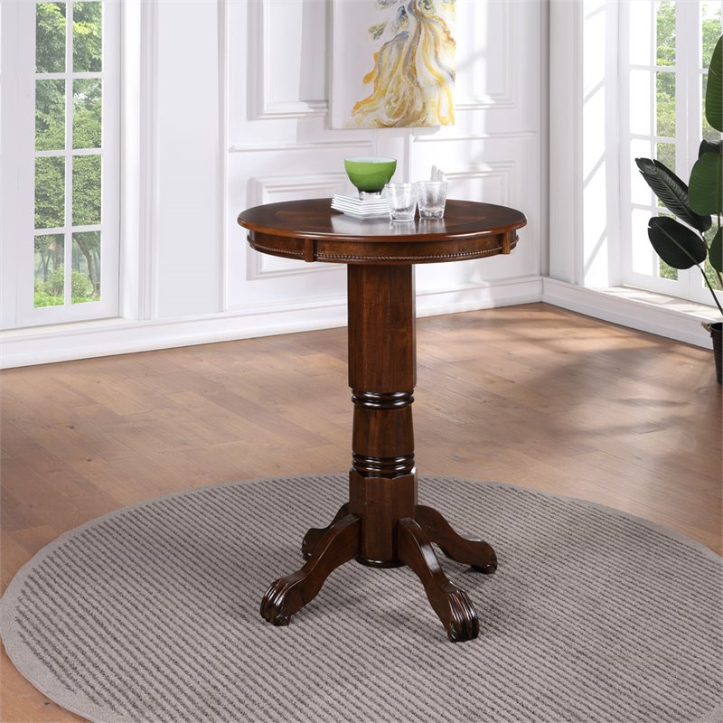 Pemberly Row Hardwood Pub Table with Sunburst Veneer Top in Cappuccino