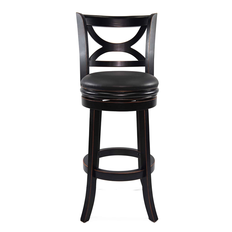 Pemberly Row Rubberwood Swivel Bar Stool with Faux Leather in Black Sandthru