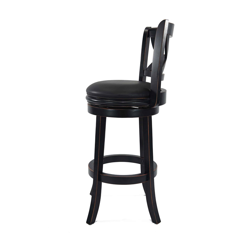 Pemberly Row Rubberwood Swivel Bar Stool with Faux Leather in Black Sandthru