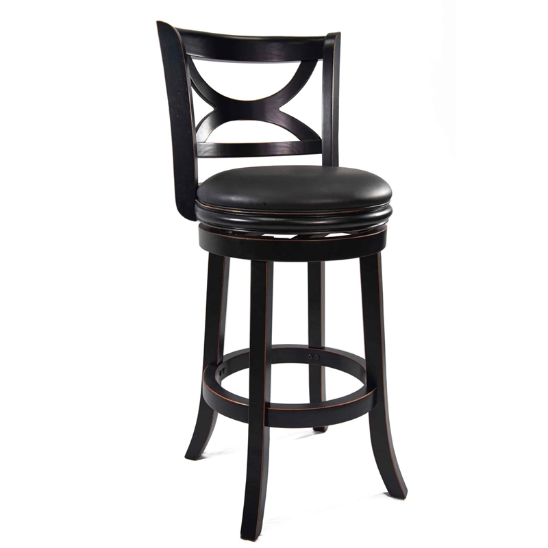 Pemberly Row Rubberwood Swivel Bar Stool with Faux Leather in Black Sandthru