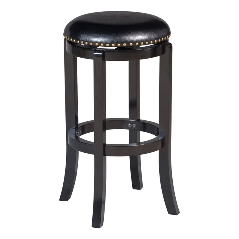 Pemberly Row Rubberwood Swivel Backless Bar Stool with Nailhead Trim in Black