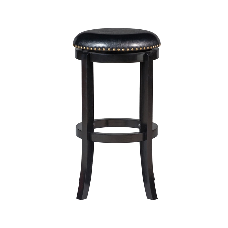 Pemberly Row Rubberwood Swivel Backless Bar Stool with Nailhead Trim in Black