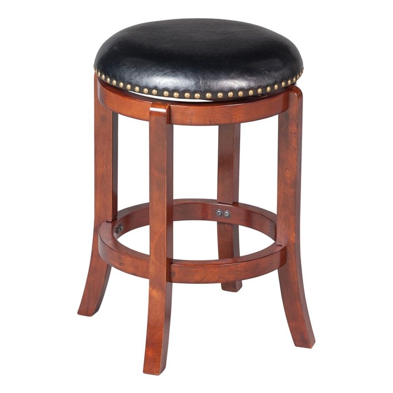 Pemberly Row Rubberwood Swivel Backless Counter Stool with Foam Seat in Cherry