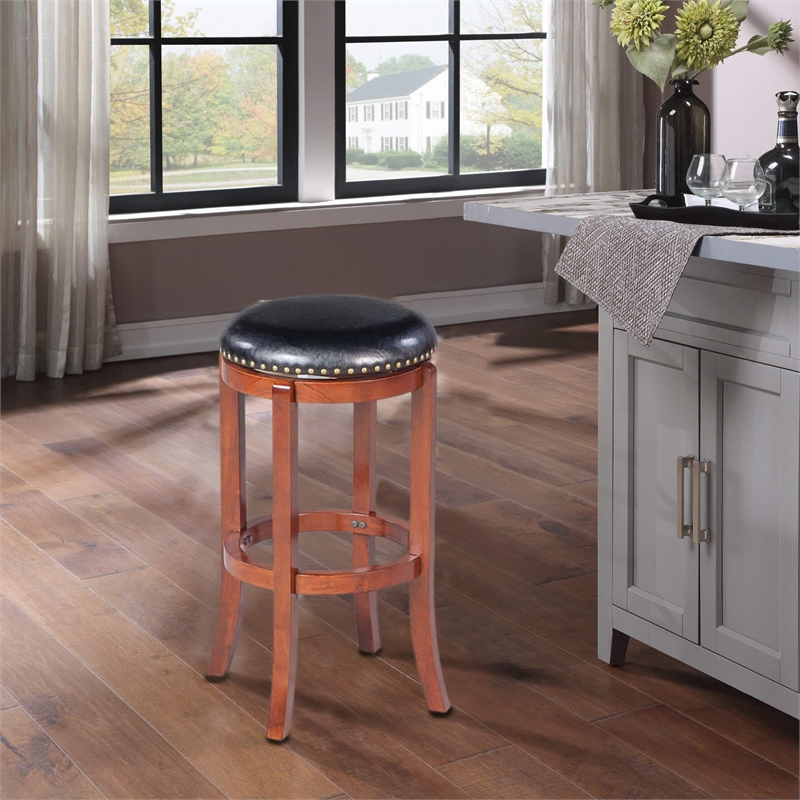 Pemberly Row Rubberwood Bar Height Swivel Backless Stool in Cherry