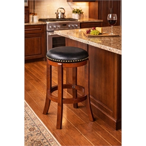 Pemberly Row Rubberwood 24.5&quot Swivel Bar Stool with Nailhead Trim in Cherry