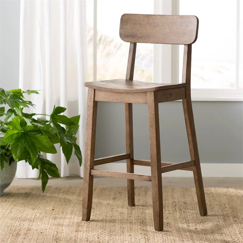 Pemberly Row Rubberwood Farmhouse Bar Stool with Curved Seat in Barnwood Brown