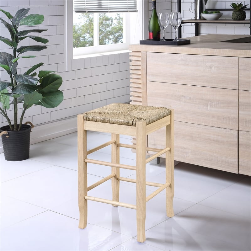Pemberly Row Hardwood Square Rush Woven Backless Counter Stool in Blonde Oak