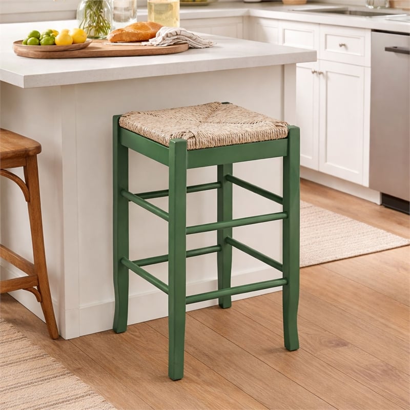 Pemberly Row Rubberwood Square Rush Backless Counter Stool in Equestrian Green