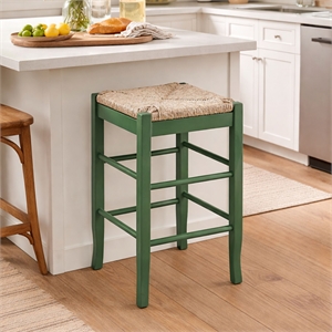 Pemberly Row Rubberwood Square Rush Backless Counter Stool in Equestrian Green