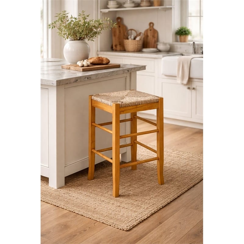 Pemberly Row Hardwood Square Rush Woven Backless Counter Stool in Oak