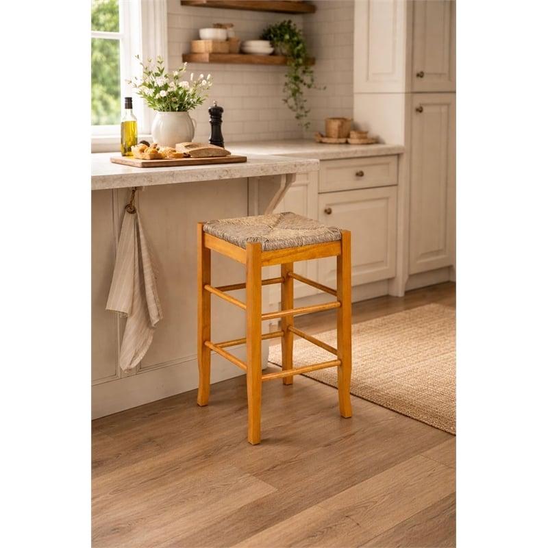 Pemberly Row Hardwood Square Rush Woven Backless Counter Stool in Oak