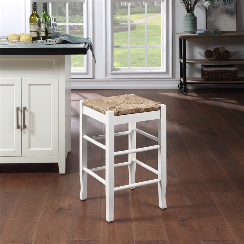 Pemberly Row Rubberwood Square Rush Woven Backless Counter Stool in Cream