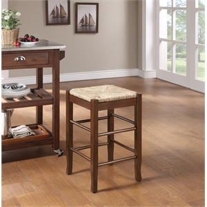 Pemberly Row Rubberwood Square Rush Woven Backless Counter Stool in Cappuccino