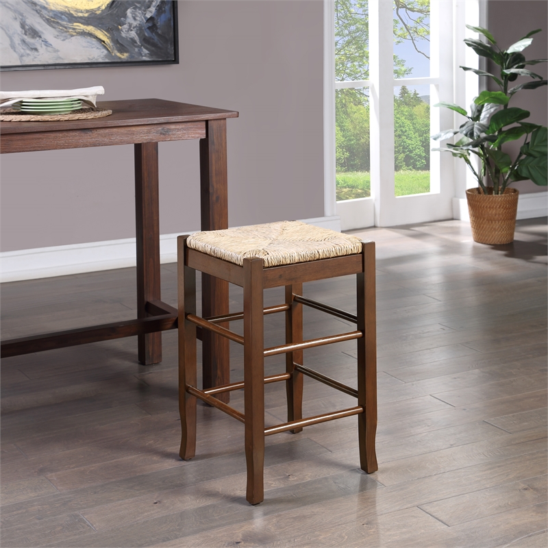 Pemberly Row Rubberwood Square Rush Woven Backless Counter Stool in Cappuccino