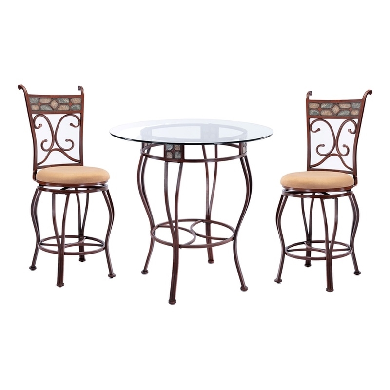 Pemberly Row Metal Counter Height 3 Piece Pub Set with Slate Mosaic in Brown