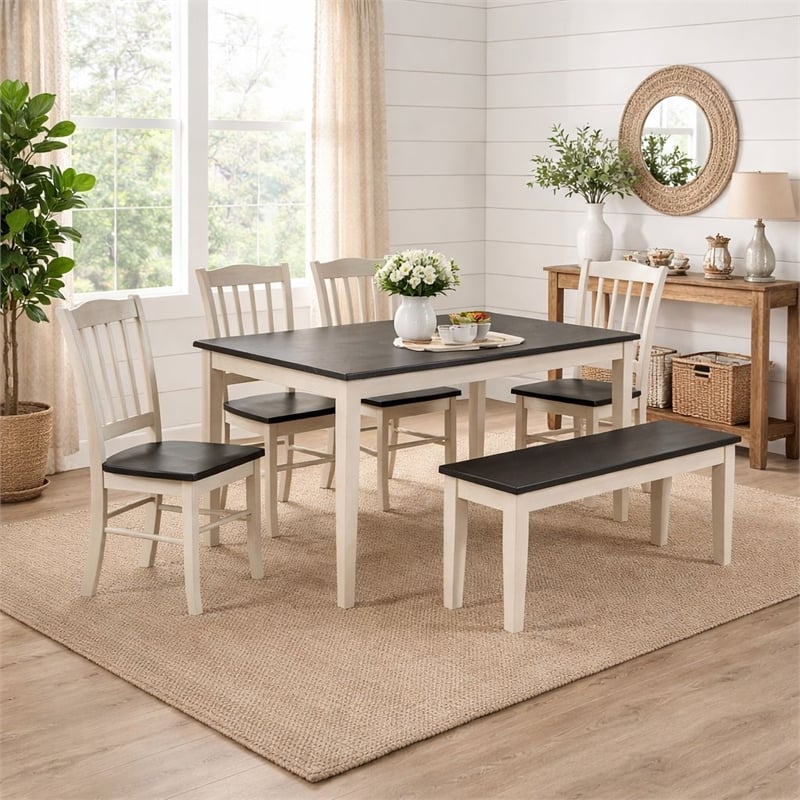 Pemberly Row 6 Piece Rubberwood Dining Set in European Black Ash Antique White
