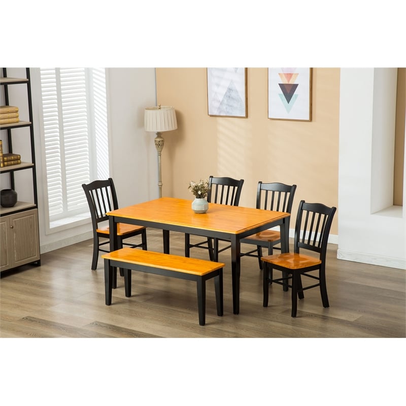 Pemberly Row Rubberwood Mid Century Dining Bench Seats 2 to 3 in Black and Oak