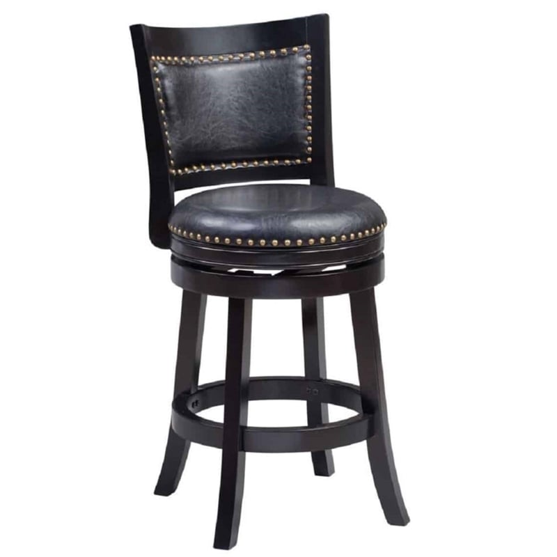 Pemberly Row Hardwood Swivel Counter Stool with Faux Leather Nailhead in Black