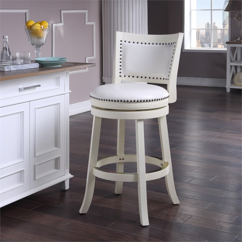 Pemberly Row Hardwood Bar Height Swivel Stool with Faux Leather in Buttermilk