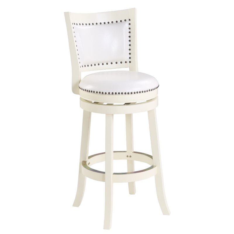 Pemberly Row Hardwood Bar Height Swivel Stool with Faux Leather in Buttermilk